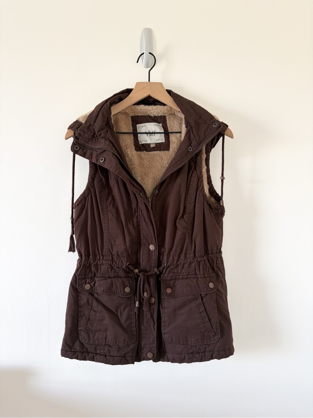 YMI Brown Hooded Faux Fur Utility Vest